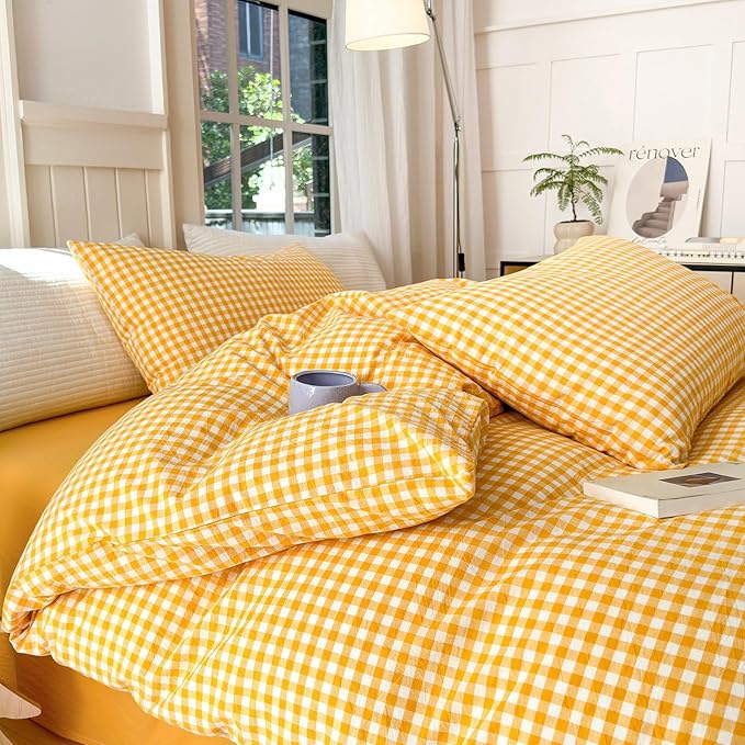 LifeTB Yellow Gingham Comforter Set Full Size Geometric Plaid Checkered Pattern Comforter Farmhouse Grid Plaid Bedding Comforter Set Soft Fluffy Lightweight Bedding Plaid Comforter for All Season