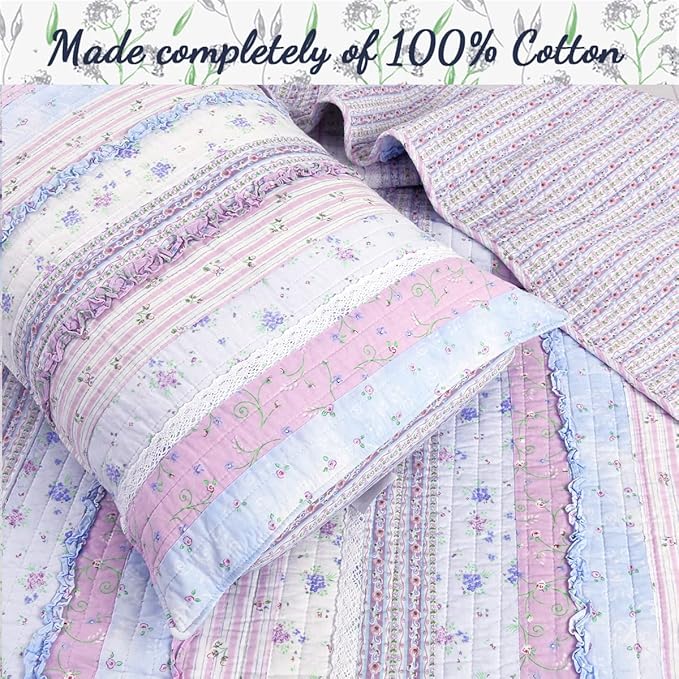 Cozy Line Home Fashions Raelynn Romantic Lace Light Lavender Orchid Blue Flower Print Stripe Cotton 3D Bedding Quilt Set, Reversible Coverlet, Bedspread for Girls Women (Lavender,King - 3 Piece)