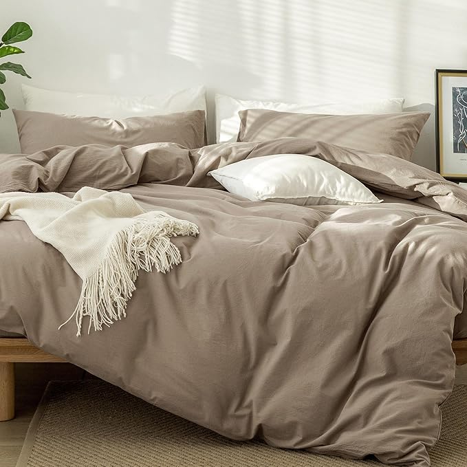 MooMee Bedding Duvet Cover Set 100% Washed Cotton Linen Like Textured Breathable Durable Soft Comfy (Solid Mocha Brown, Queen 90"x90")