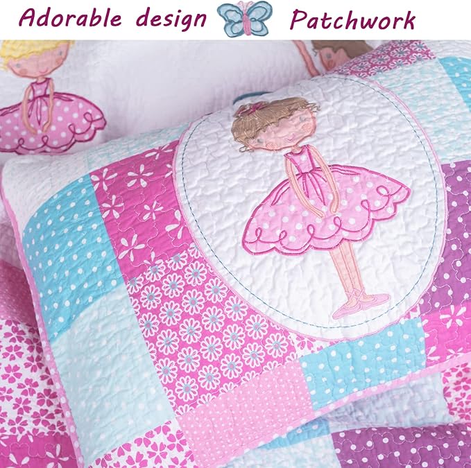 Cozy Line Home Fashions 100% Cotton Dance Princess Girl Reversible Bedding Quilt Set, Bedspread Coverlet for All Seasons (Pink Ballerina, Queen-3 Piece)