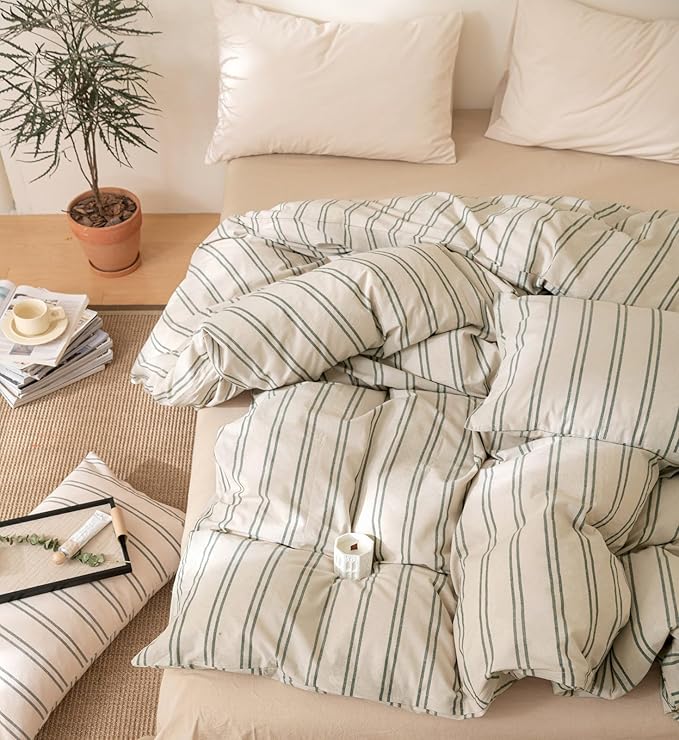 VM VOUGEMARKET Green Stripes Comforter Set King Modern Simple Bedding Comforter with 2 Pillowcases Farmhouse Style Lightweight Cotton Comforter Set for Adults