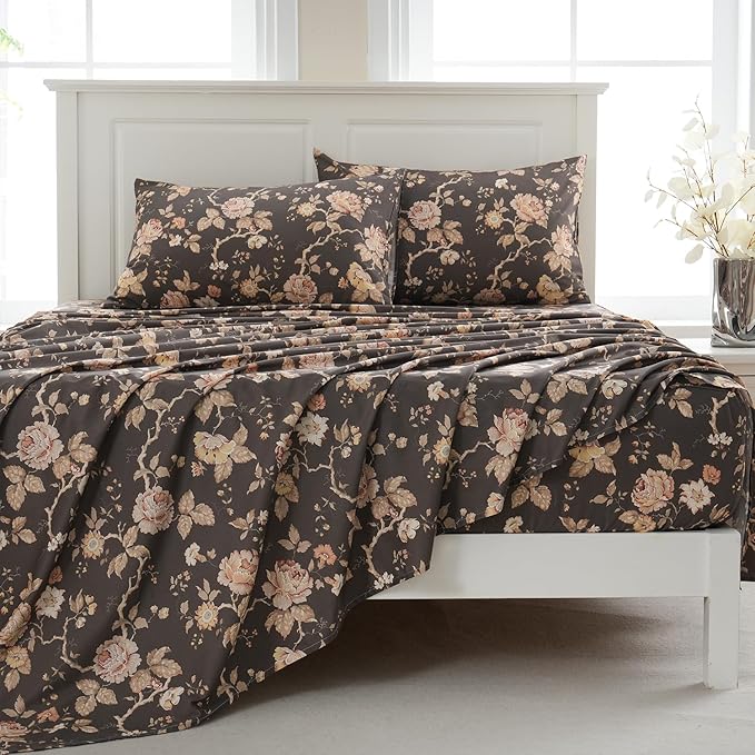 Zusbest Dark Brown Floral Bed Sheets Set - California King Percale Cotton Shabby Rustic Peony Flower Print Bed Sheets - Soft Breathable Mocha Classic Vintage Bedding 4 Pcs Deep Pockets Flower Sheets