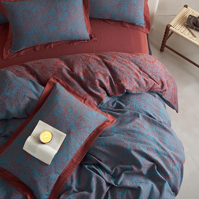 Jacquard Duvet Cover King Yarn-Dyed Cotton Blue Floral Duvet Cover Reversible Burgundy Red Tree Leaves Bedding Comforter Cover Vintage Country Bedding Cottagecore Botanical Duvet Cover Set King Size