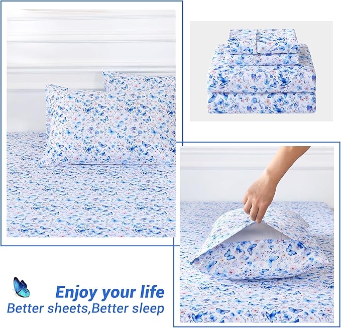 Softan King Floral Sheets, Microfiber Blue Flower Printed Fitted Sheets with Non-Slip Corner Straps and 15" Deep Pocket, Butterfly Patterned Cozy King Bed Sheets & Pillowcase Sets