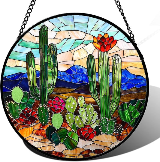 Stained Glass Window Hanging, Green Cactus Suncatcher for Doors Window Home Plant Landscape Sun Catchers Decoration Mother's Day Birthday Gifts for Women, Men, and Mom 9.8 in