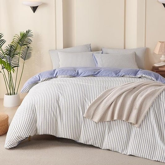 Striped Duvet Cover Queen Blue Washed Microfiber Jacquard 3 Pieces Bedding Set, White Blue Vertical Ticking Stripes Pattern Comforter Cover with Zipper Closure Breathable Durable Soft Comfy