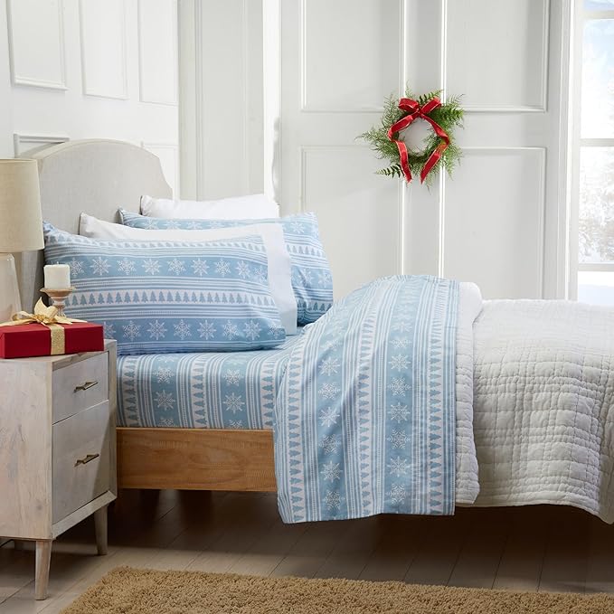 Market & Place 100% Cotton Twin Flannel Sheet Set | 3 Piece Deep Pocket Novelty Cozy Winter Bed Sheets | Double Brushed for Extra Softness & Comfort | Alpine Collection (Twin, Striped Snowflake)