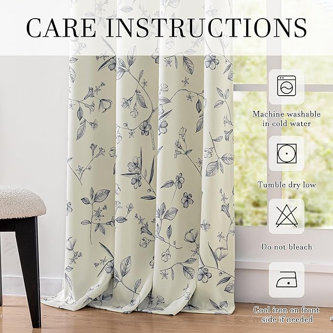 ChrisDowa Beige 100% Blackout Curtains 96 Inches Long 2 Panels for Bedroom Living Room Navy Blue Flower Patterned Room Darkening Thermal Insulated Soundproof Grommet Window Treatments Drapes,52X96