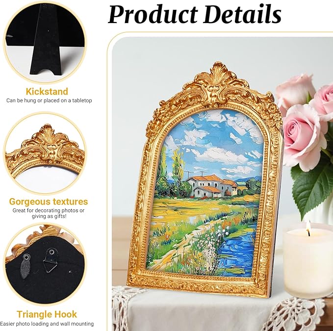 Gold Picture Frames 5x7, Arch Photo Frame Antique Ornate, Luxury Textured Hand-Crafted Picture Frame with Glass Front for Tabletop or Wall Hanging, Retro Resin Photo Frames, Photos Display Frame