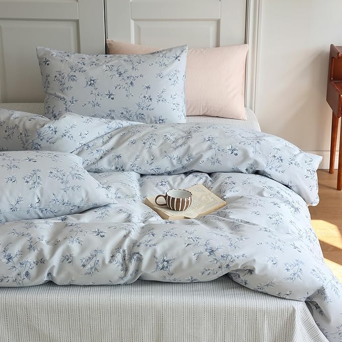LifeTB 3 Pieces Duvet Cover Twin XL Blue Floral Print Duvet Cover Coquette Bedding Set Vintage Flower Duvet Cover Soft Cotton Comforter Cover Boho Cottagecore Duvet Cover with Zipper Closure