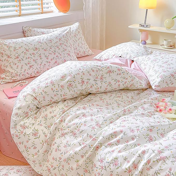 EAVD Chic Floral Girls Duvet Cover Twin XL Cotton Pink White Garden Floral Bedding Set with 2 Pillowcases Freash Cute Botanical Comforter Cover with Zipper Closure