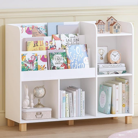 Spirich Kids Bookshelf and Toy Storage, Children Cube Organizer Bookcase Shelf, Tall Kids Book Rack for Bedroom, Playroom and Nursery, White