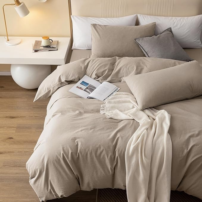 JIYUAN 100% Washed Cotton Duvet Cover Set Oversized King, 1 Duvet Cover 120"x98" (Comforter Not Included) and 2 Pillowcases,Linen Feel Bedding Set Comfy and Breathable, Heathered Tannish Linen Grey