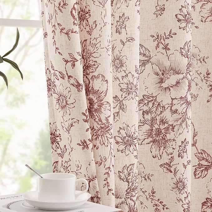 jinchan Lined Linen Blend Curtain Floral Curtains for Living Room 96 Inches Long Christmas Red Peony Flower Printed Curtain Rod Pocket Back Tab Farmhouse Patterned Drapes Curtains Set 2 Panels