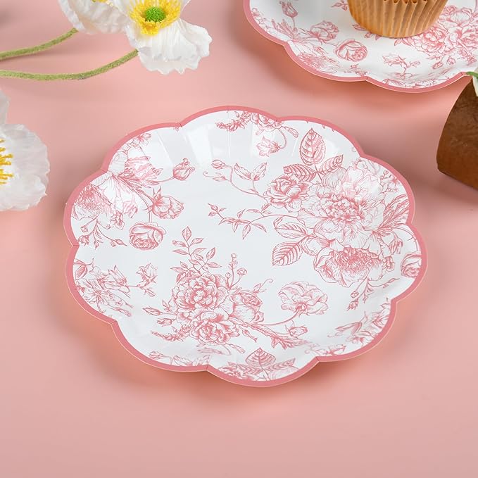 Pink Floral Party Plates Vintage Floral Leaf Disposable Paper Plates Wildflower Pink Toile 7" Scalloped Rim Dessert Plates for Valentines Birthday Bridal Tea Party Supplies (24)