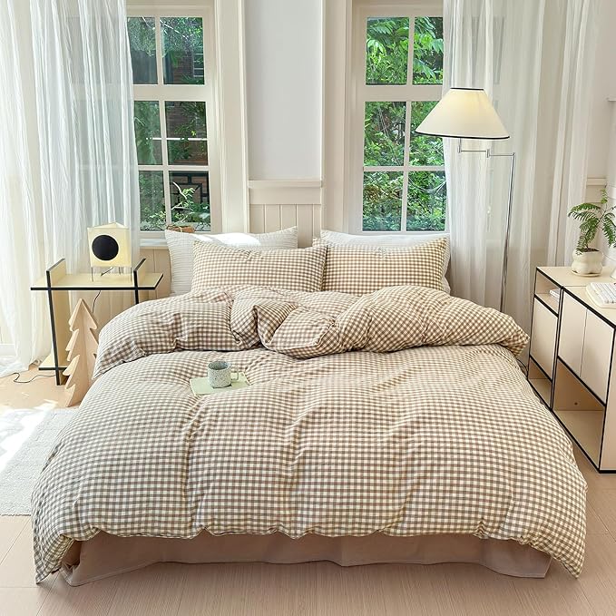 LifeTB Queen Comforter Set Tan Gingham Comforter Modern Style Beige Plaid Comforter Set 3 Pieces Fluffy Grid Checkered Comforter with 2 Pillowcases Boho Gingham Bedding Set Queen Size