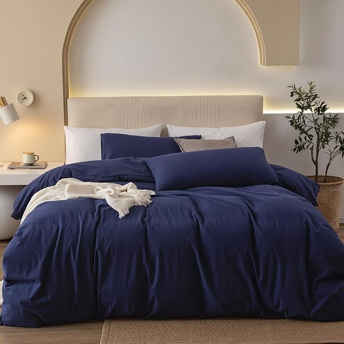 JIYUAN 100% Washed Cotton Duvet Cover Set 2 Pieces Twin, 1 Duvet Cover 68x90 Inches(Comforter Not Included) and 1 Pillowcases,Linen Feel Bedding Set Comfy and Breathable,Navy Blue