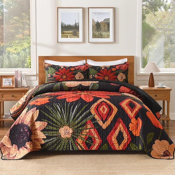 Andency Floral Boho Quilt King Size Bedding Set Black, 3 Pieces Farmhouse Flower Botanical Summer Bedspreads with 2 Shams, Soft Reversible Lightweight Microfiber Coverlet Set for All Season, 106"x96"
