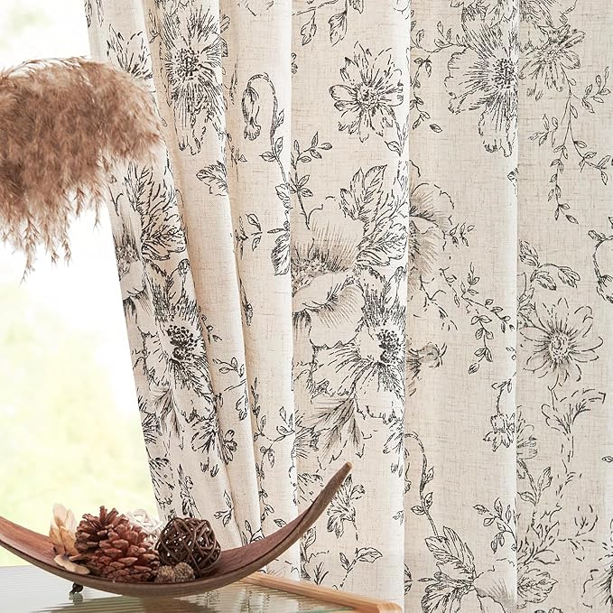 jinchan Linen Blend Curtain Floral Curtains for Living Room 84 Inch Length Farmhouse Curtain Rod Pocket Back Tab Black Printed Peony Flower Patterned Drapes Bedroom Window Curtains Set 2 Panels