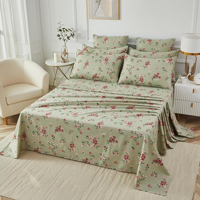 FADFAY Cal King Size Sheet Set 100% Cotton Sage Green Bed Sheets, French Country Red Rose Floral Pattern, Soft Cool Luxury Bedding, Shabby Vintage Style, 4 Pieces Deep Pocket Fitted Sheet