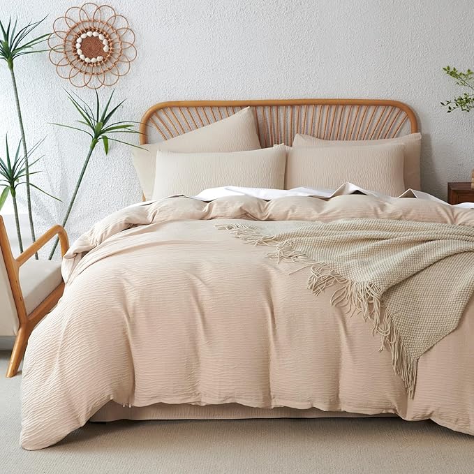 Queen Duvet Cover Set - 3 Piece Luxury Double-Layer Crinkle Gauze Bedding in Beige, All Season Soft Breathable Comfy Microfiber with Zipper Closure