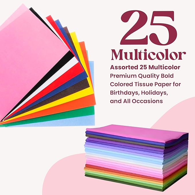 Gift Tissue Paper for Gift Bags - Tissue Paper Bulk | 25 Assorted Colors 200 Sheets 20x26 Inch | Premium Quality Bold Colored for Crafts, Wrapping, Packaging, Birthday, Holiday, Christmas