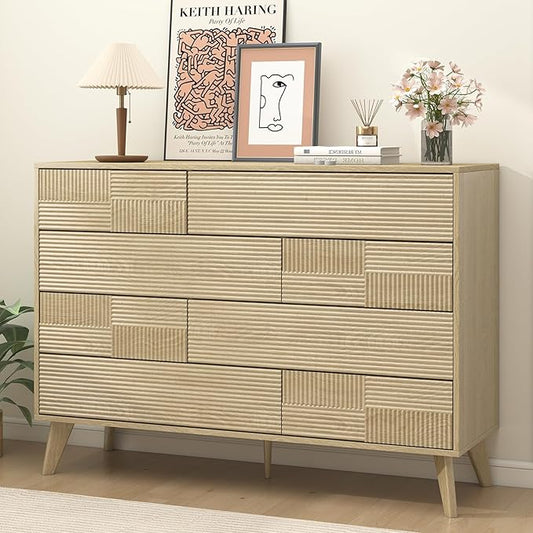 Hadulcet Wood Dressers for Bedroom 34” Tall, Large 8 Drawer Dresser TV Stand, Modern Chest of Drawers for Closet Clothes Storage Organizer with Fluted Panel, No Handles Design, Natural Oak