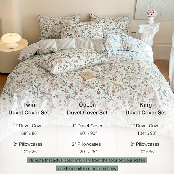 EAVD Girls Floral Duvet Cover Twin Soft 100% Cotton Garden Chic Floral Leaves Pattern Bedding Set with 2 Pillowcases Fresh Botanical Comforter Cover with Zipper Closure