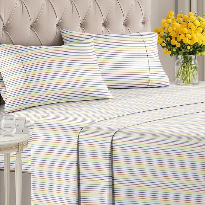 Rainbow Striped Sheet Set - Colorful Striped Bed Set - 1 Flat & 1 Fitted Sheet & 2 Pillowcases w/ Deep Pockets - Wrinkle & Fade Resistant - Soft, Breathable and Cooling - Rainbow Bedding - Full Size