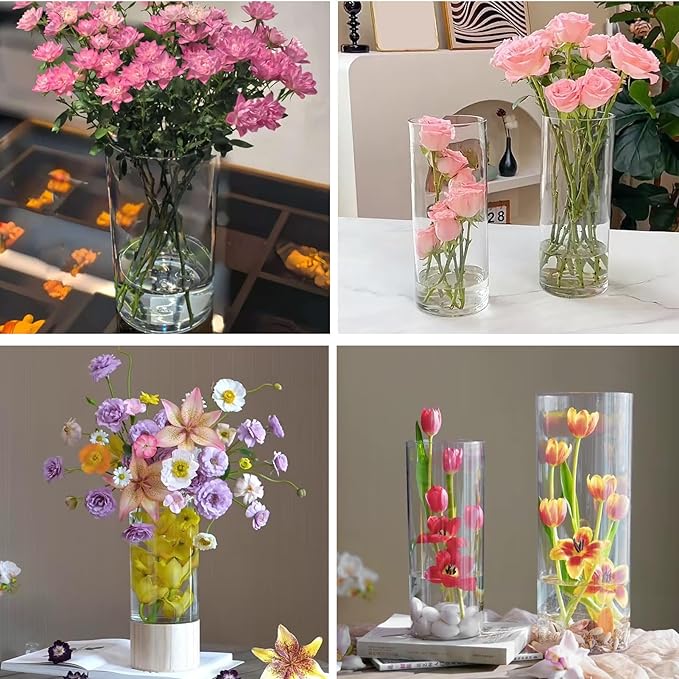 48 Pack Plastic Cylinder Vases, 4 6 8 10 Inch Tall Acrylic Cylinder Clear Flower Vase Set Bulk Glass Like Large Round Plastic Vases for Centerpiece Wedding Home Office