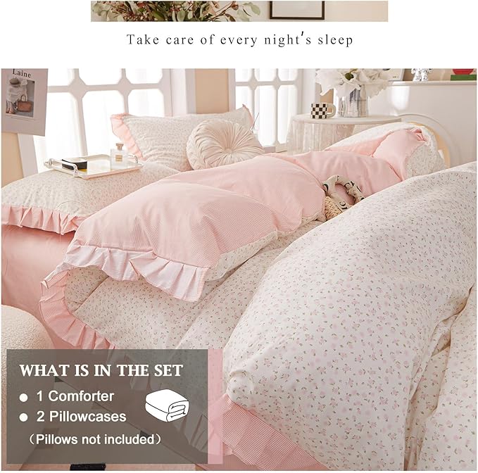 VM VOUGEMARKET Pink Flower Comforter Set Twin XL 3 Pieces Ruffle Comforter with 2 Pillow Shams Romantic Princess Bedding Comforter Set for Teen Girls-68 x90