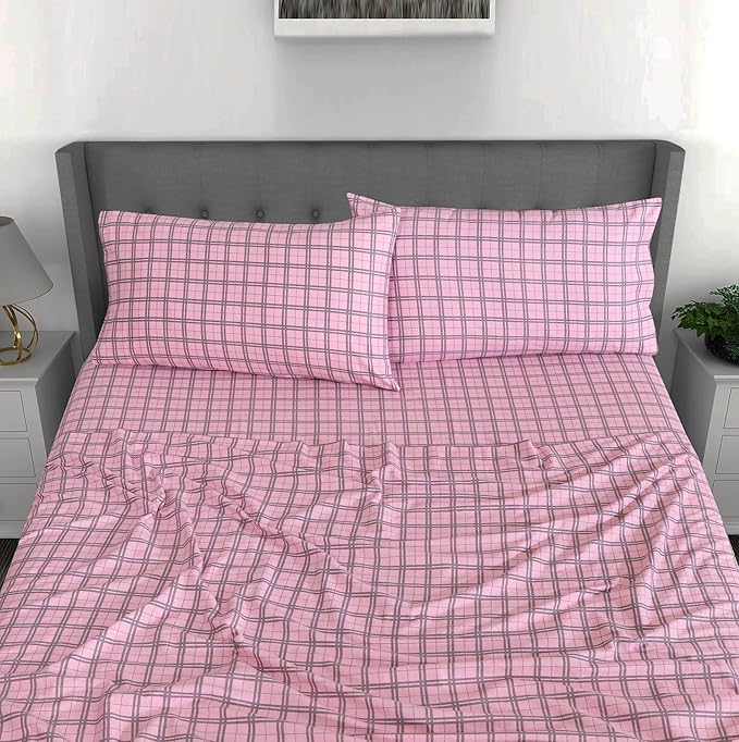 RUVANTI Flannel Sheets Twin XL Size - 100% Cotton Double Brushed Twin XL Sheet Sets, Deep Pockets 16 Inches, All Seasons Breathable & Extra Soft Bed Sheets, Warm & Cozy, 3 Piece, Check & Bolt Pink