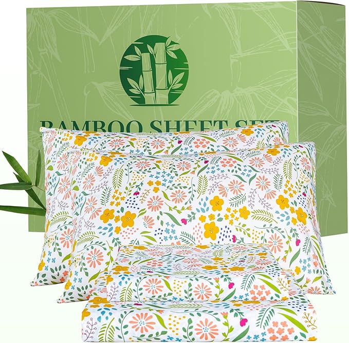 Bedlifes California King Floral 4-Piece Sheet Set - Cooling Sheets Blend Rayon Derived from Bamboo,Soft & Breathable, Deep Pocket 16", Wrinkle Resistant - Featuring Floral