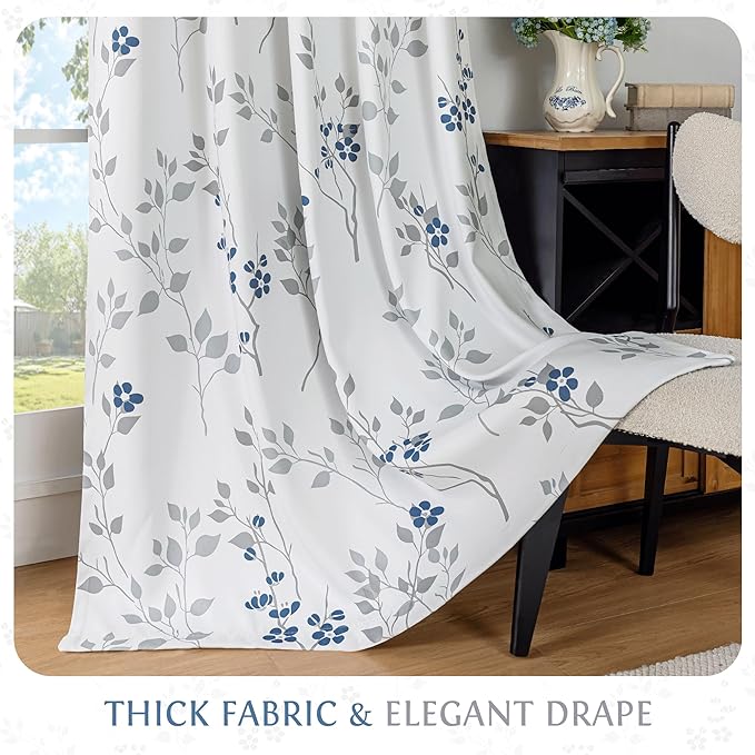 Beauoop Floral 100% Blackout Curtains 96 Inches Long 2 Panels for Bedroom Living Room Blue Grey and White Flower Patterned Room Darkening Thermal Soundproof Rod Pocket Back Tab Window Drapes, 52X96