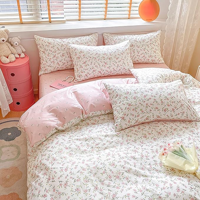 EAVD Girls Floral Duvet Cover Twin White Soft 100% Cotton Small Cute Floral Botanical Bedding Set with 2 Pillowcases Chic Shabby Vintage Garden Floral Botanical Duvet Cover with Zipper Closure