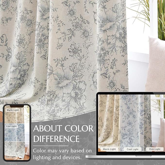 jinchan Blackout Linen Blend Curtain Grey Floral Blackout Curtains for Living Room 63 Inch Length Gray Printed with Lined Blackout Curtain for Bedroom Farmhouse Curtains Set 2 Panels