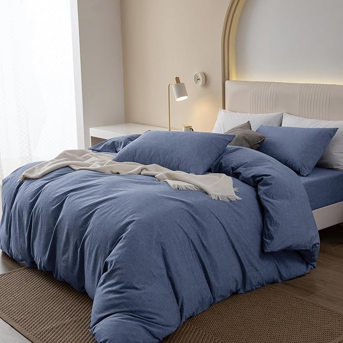 JIYUAN 100% Washed Cotton Duvet Cover Set 3 Pieces Oversized Queen, 1 Duvet Cover 98x98 Inches(Comforter Not Included) and 2 Pillowcases,Linen Like Comfy and Breathable,Heathered Blue