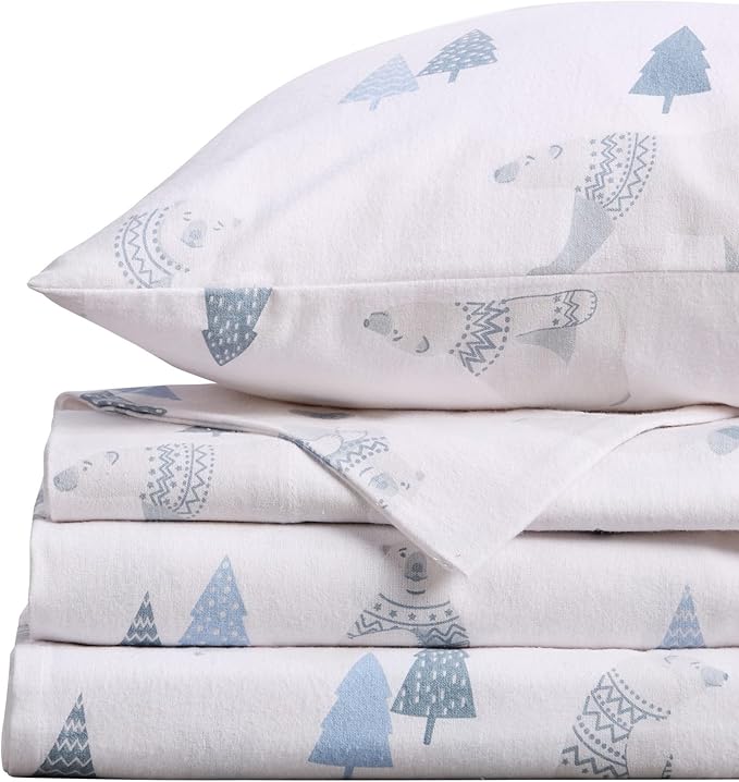 Market & Place 100% Turkish Cotton Flannel Sheet Set | 3 Piece Deep Pocket Novelty Cozy Winter Bed Sheets | Double Brushed for Extra Softness & Comfort | Alpine Collection (Twin, Polar Bears)