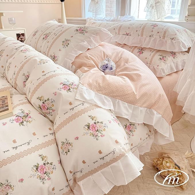 VM VOUGEMARKET Full Comforter Set Elegant Pink Flower Printed Romantic Ruffle Comforter with 2 Pillow Shams Reversible White Lace Bedding Comforter Set for Teen Girls(3pcs,Full)
