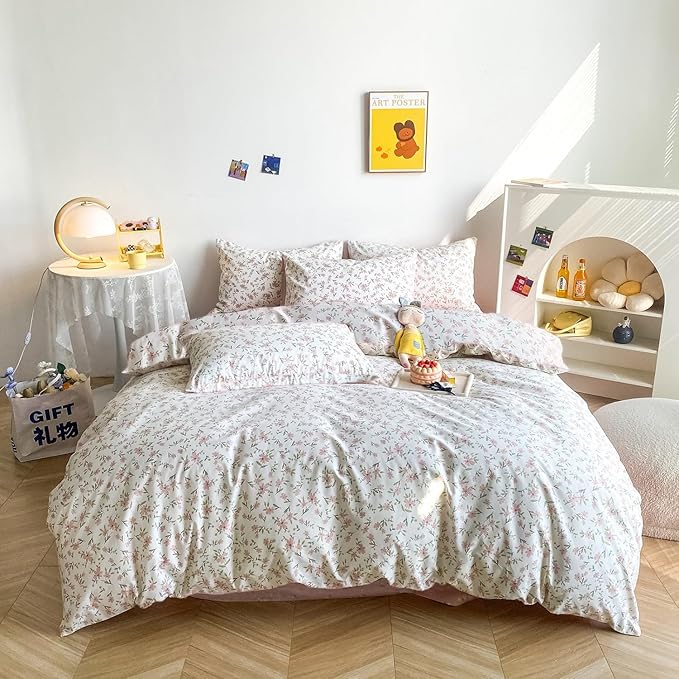 LifeTB Vintage Pink Floral Comforter Set Queen 3 Pieces Cute Pink Flower Bedding Comforter for Teen Girls Botanical Comforter Queen Floral Leaves Pattern Bedding Set Boho Farmhouse Bed Comforter Set
