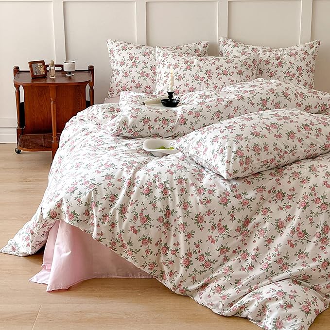 VM VOUGEMARKET Peach Pink Flower Duvet Cover Set Twin Cotton Girl's Blossom Comfoter Cover with Zipper Closure,Cottagecore Bedding Set-68"x86"