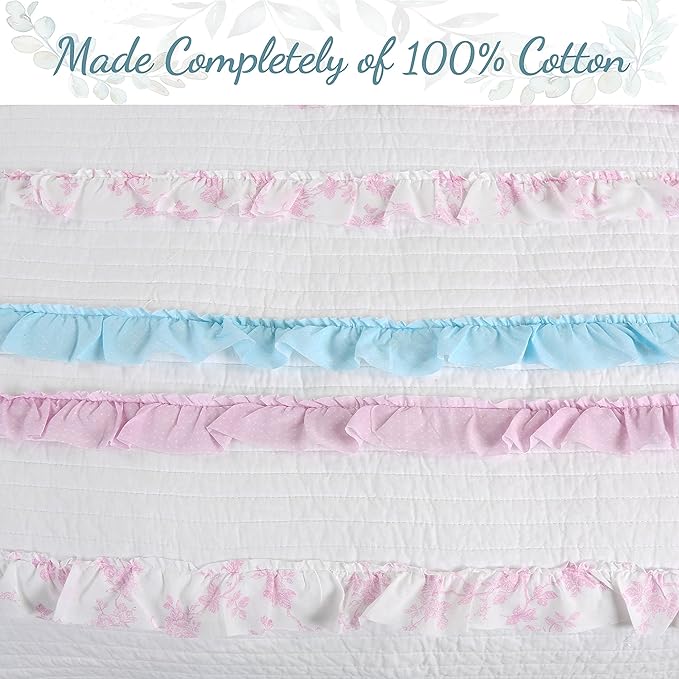Cozy Line Home Fashions 100% Cotton Chic Ruffle Light Lavender Orchid Blue Flower Print Stripe Bedding Quilt Set, Reversible Coverlet, Bedspread (Chic Ruffle, Queen)
