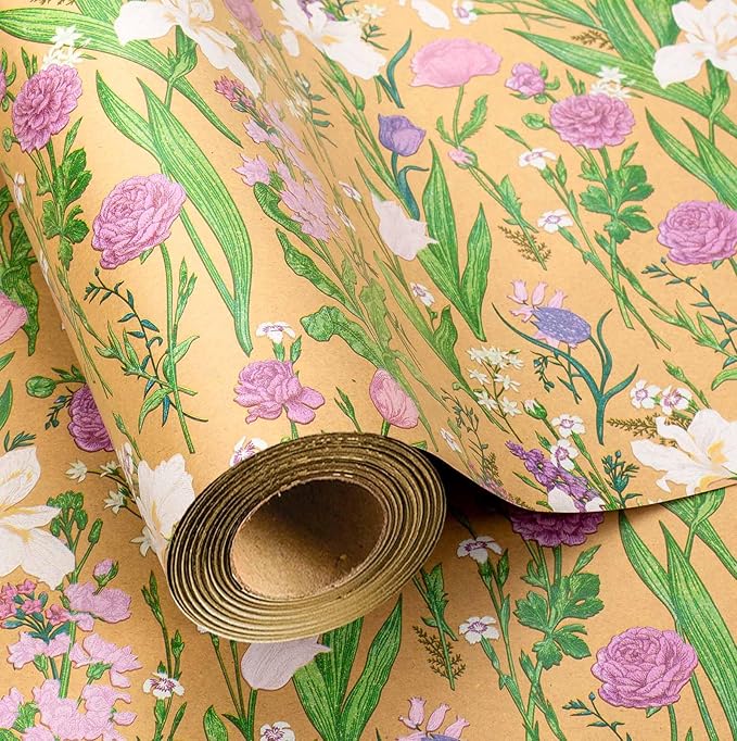 MAYPLUSS Kraft Floral Wrapping Paper Roll - 17Inch x 16.5Feet - Colorful Watercolor Boho Forest and Garden Flower Gift Wrap Green Wedding Gift Wrap for Birthday, Mothers Day, Bridal Shower, Engagement
