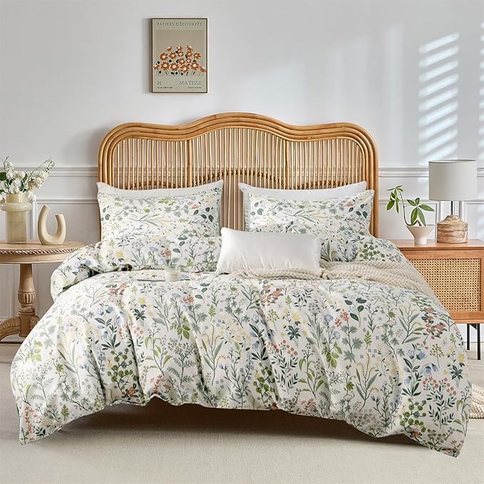 VM VOUGEMARKET Twin XL Comforter Set 3 Pieces Green White Flower Botanical Comforter with 2 Pillowcases Microfiber Cottagecore Bedding Set Twin