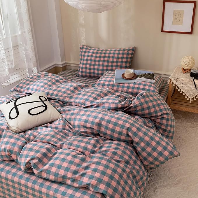 Queen Comforter Set Modern Style Checkered Pattern Comforter Purple Pink Plaid Bedding Comforter Lightweight Fluffy Soft Boho Grid Bedding Geometric Plaid Comforter Set Queen with 2 Pillowcases