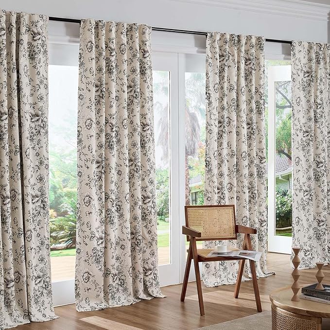 jinchan Blackout Linen Blend Curtain Floral Blackout Curtains for Living Room 72 Inch Length Black Printed with Lined Blackout Curtain for Bedroom Farmhouse Curtains Set 2 Panels