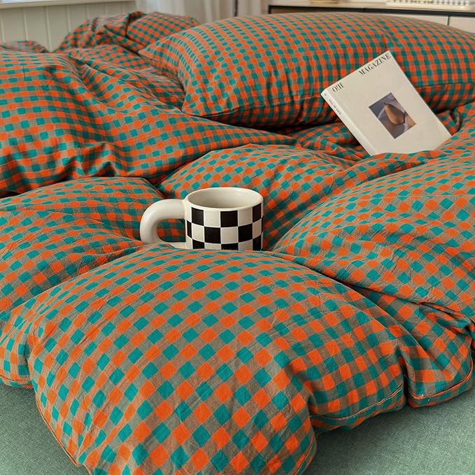 LifeTB Twin XL Comforter Set Orange Green Gingham Comforter with 2 Pillowcases Modern Style Grid Plaid Comforter Set Fluffy Soft Lightweight Gingham Bedding Set Fluffy Checkered Comforter Twin XL