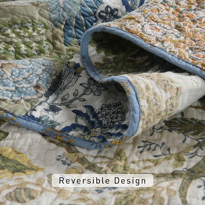 Yvooxny California King Quilt Set - Bohemian Farmhouse Patchwork Floral Pattern, Reversible Green, 110 x 118 Inch Quilt + 2 Pillowcases