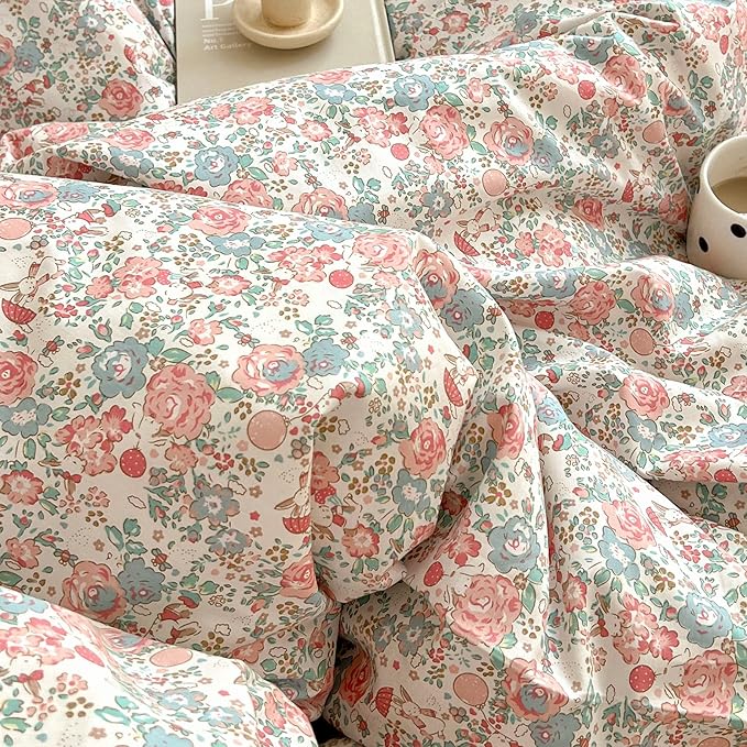 LIFETB Pink Floral Comforter Set Full Cute Girl Floral Bedding Comforter Set for Full Size Bed Chic Garden Style Flower Comforter with 2 Pillowcases Vintage Botanical Bedding Comforter Set All Season