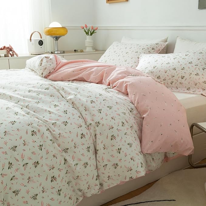 EAVD Girls Floral Duvet Cover Twin Pink White Soft Cotton Garden Aesthetic Floral Bedding Set with 2 Pillowcases Chic Shabby Vintage Botanical Comforter Cover with Zipper Closure